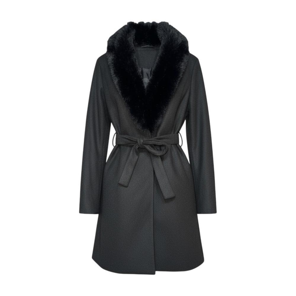 XS Black Detachable Vegan Faux Fur Collar Belted‎ Coat Jacket Formal
